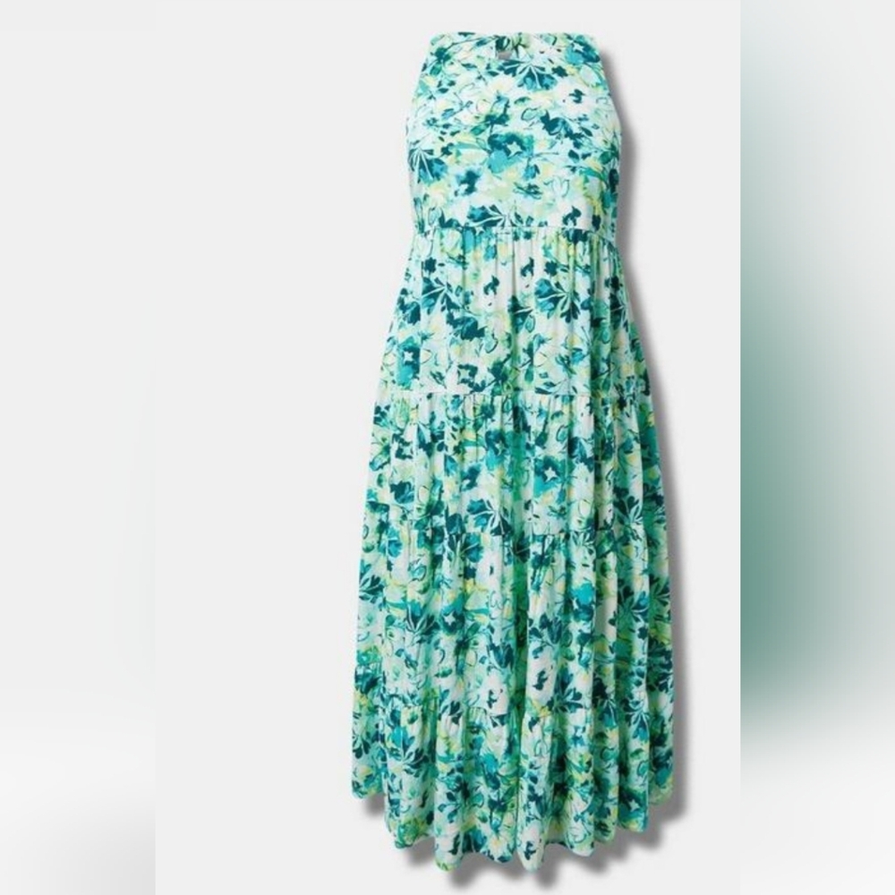 NWT  Maxi wash guaze halter tiered dress watercolor floral  2 sizes   2x and 1x